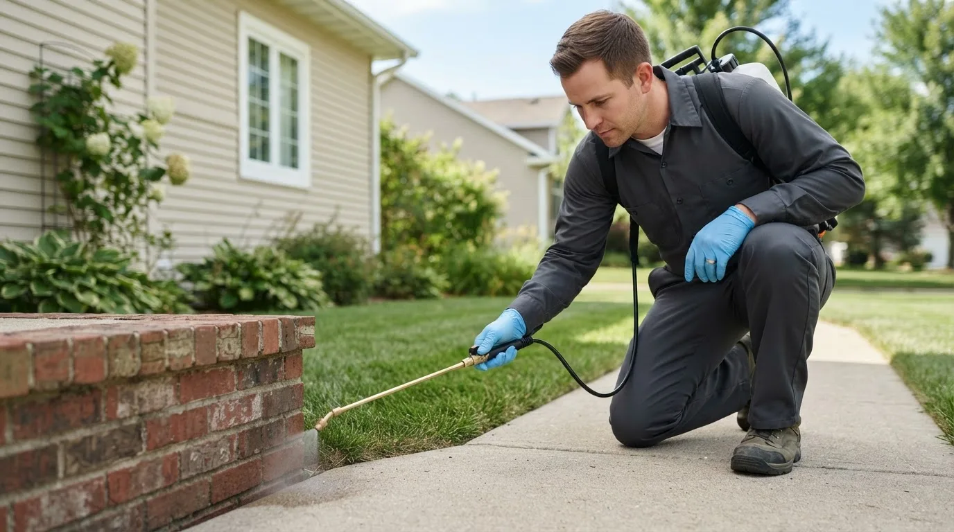 Pest control technician treating a home near Claude, TX