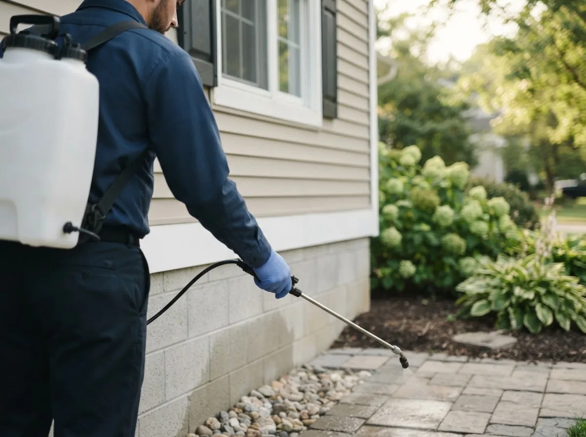 Pest control technician inspecting a home in Claude, TX